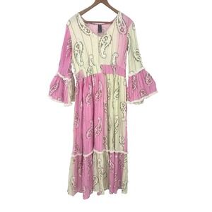 Anthropologie ME2Magic Maxi Dress S Pink Paisley Boho Bell Sleeve Tiered Fringe